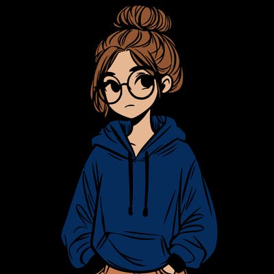 teen girl with a messy bun and glasses wearing a loose hoodie and jeans