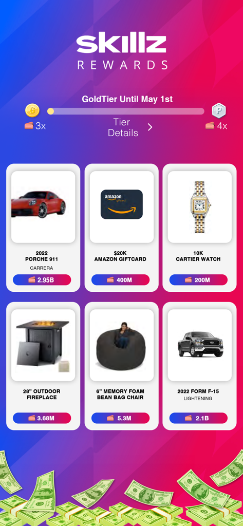 Block Puzzle Cash - Win Money - Skillz Rewards screen featuring redeemable prizes like luxury cars gift cards and designer watches