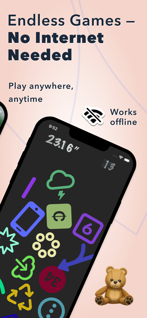 A smartphone screen showing colorful educational games for toddlers that work offline.