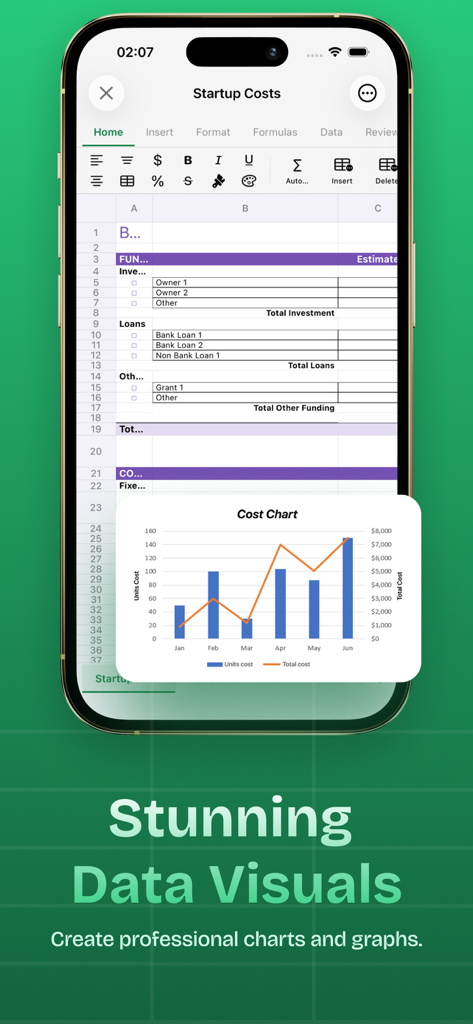 XLSX Editor: Edit Spreadsheets - Mobile spreadsheet app interface showing a startup costs table and professional data charts
