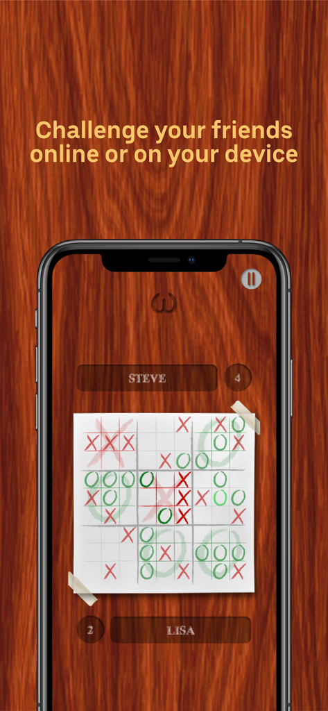 TicToe Fury - Tic Tac Toe - TicToe Fury mobile game screen showing multiplayer challenge mode with hand drawn style graphics on a wooden background