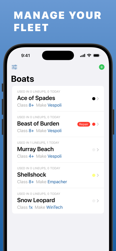 A mobile interface for The Rowing App showing a list of boats in a fleet with details like boat class and make