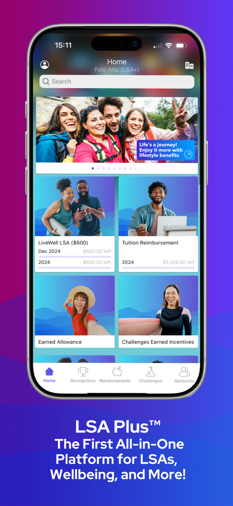 Espresa app interface showing LSA Plus lifestyle benefits and employee rewards