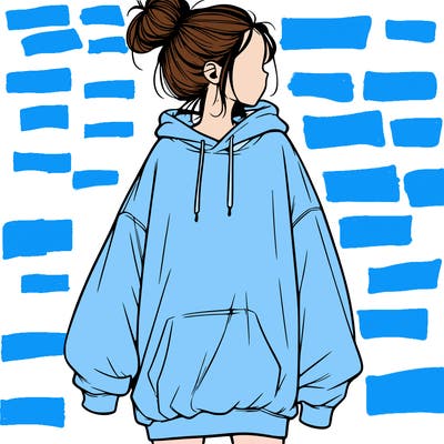 realistic girl with a oversized sweatshirt on and a bun