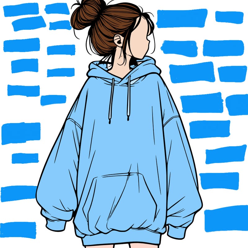 realistic girl with a oversized sweatshirt on and a bun