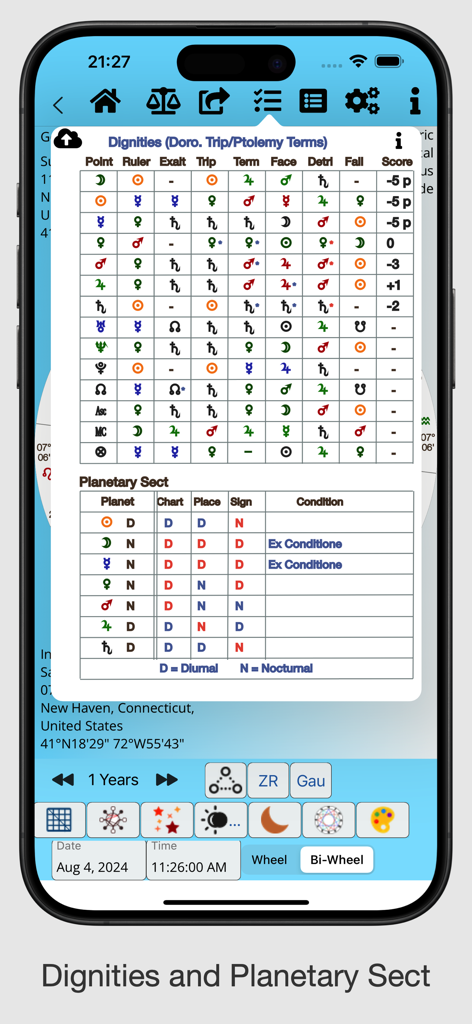 AstroConnexions for iPhone - Essential dignities and planetary sect tables in the AstroConnexions astrology app.