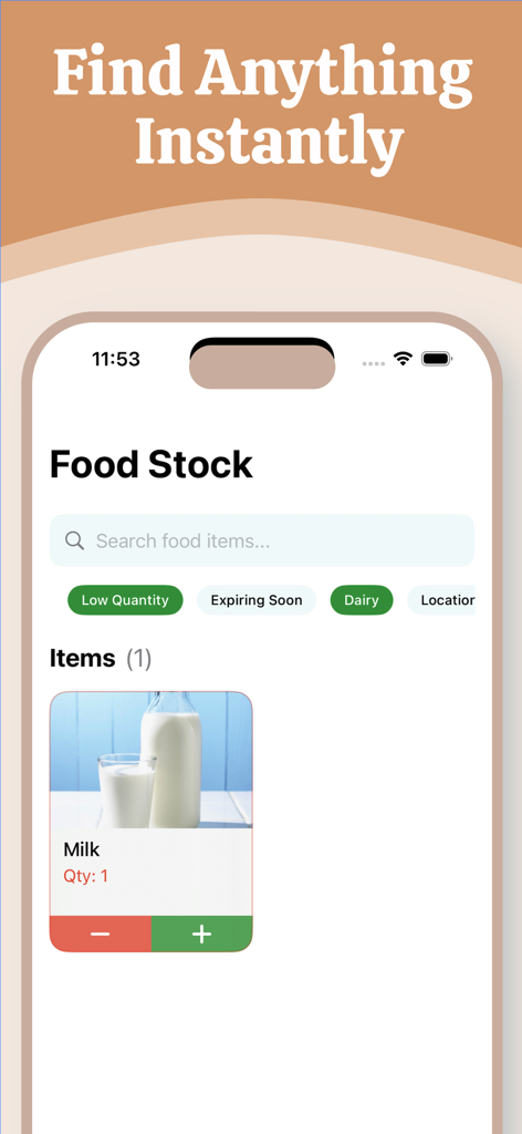 Food Stock - Grocery List - A mobile interface for the Food Stock app displaying a search bar with filters like Low Quantity and Expiring Soon for kitchen inventory management