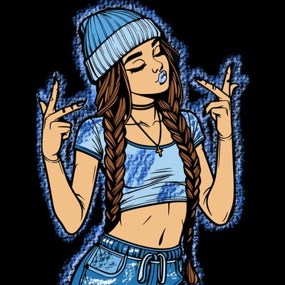 realistic teenage girl with braids and a beanie and crop top doing 🫶🏼