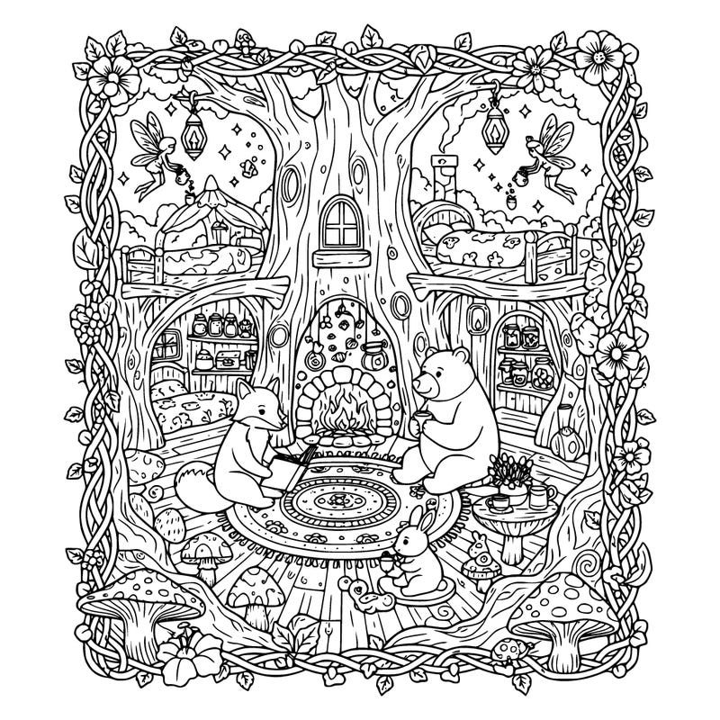 family of woodland animals that live in a magical wonderland of a  cozy home, fairies,