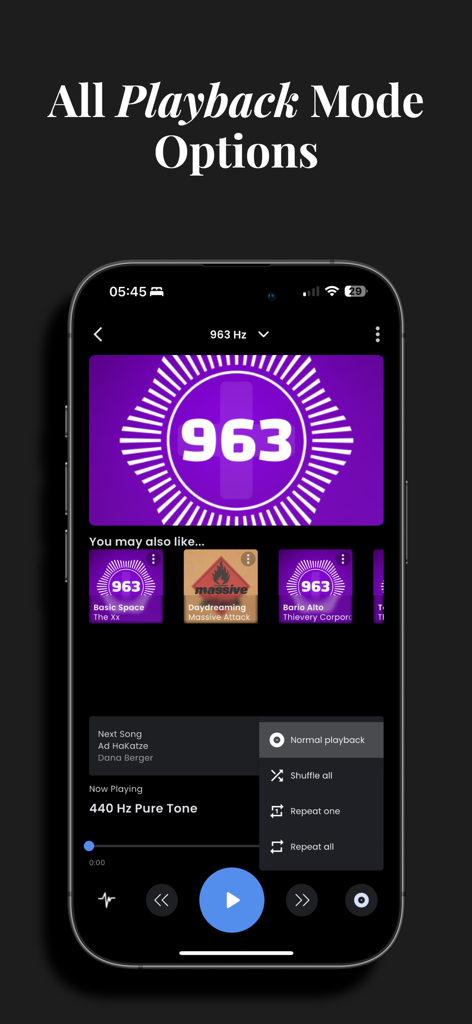963 Player Plusアプリのインターフェースに、ソルフェジオ周波数音楽の集中セッションのためのタイマー設定画面が表示されている。