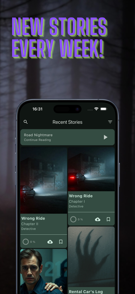 Interface de smartphone mostrando a biblioteca de histórias de terror recentes no aplicativo Addicted