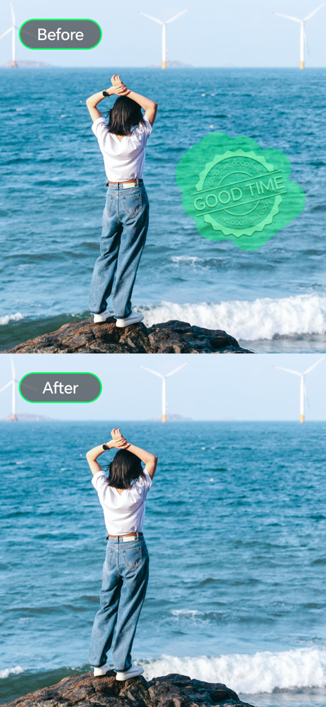 Retouch AI:Pimple Remover - Before and after comparison of removing a watermark from a photo using AI retouching
