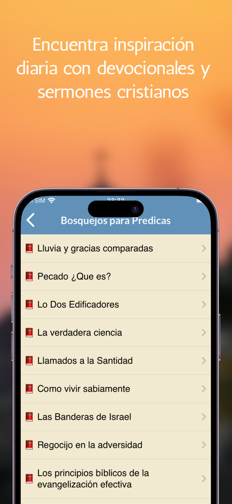 Santa Biblia NVI - Interfaz de la aplicación Santa Biblia NVI mostrando una lista de bosquejos de sermones cristianos en español