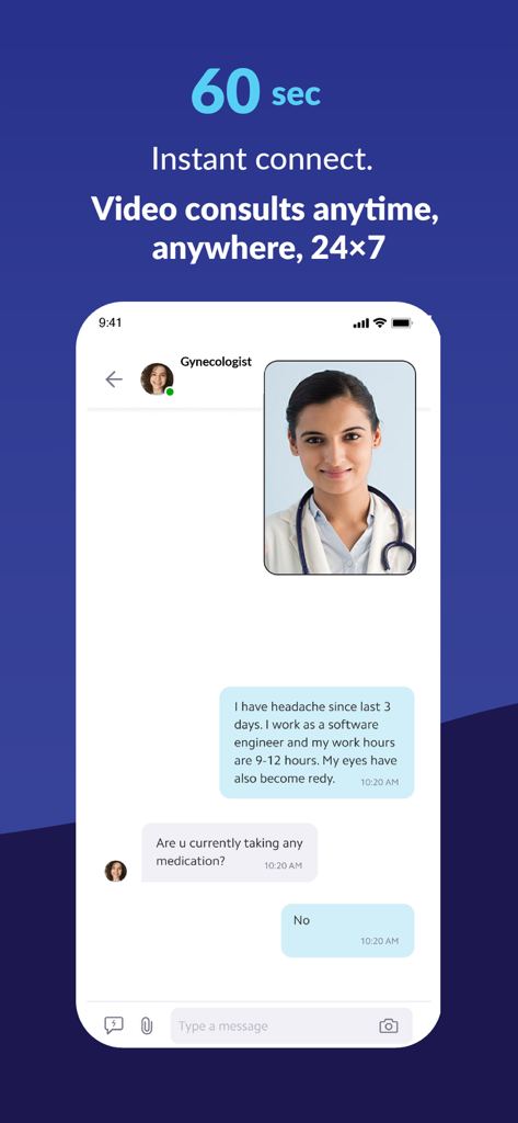 Practo - Consult Doctor Online - Mobile screen showing a 60-second instant video consultation and chat interface with a doctor on the Practo app.