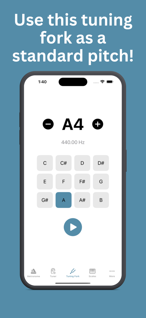 BeatTune - Tuner and Metronome - Interface da forca de afinação do aplicativo móvel BeatTune mostrando o tom de referência para A4 a 440Hz