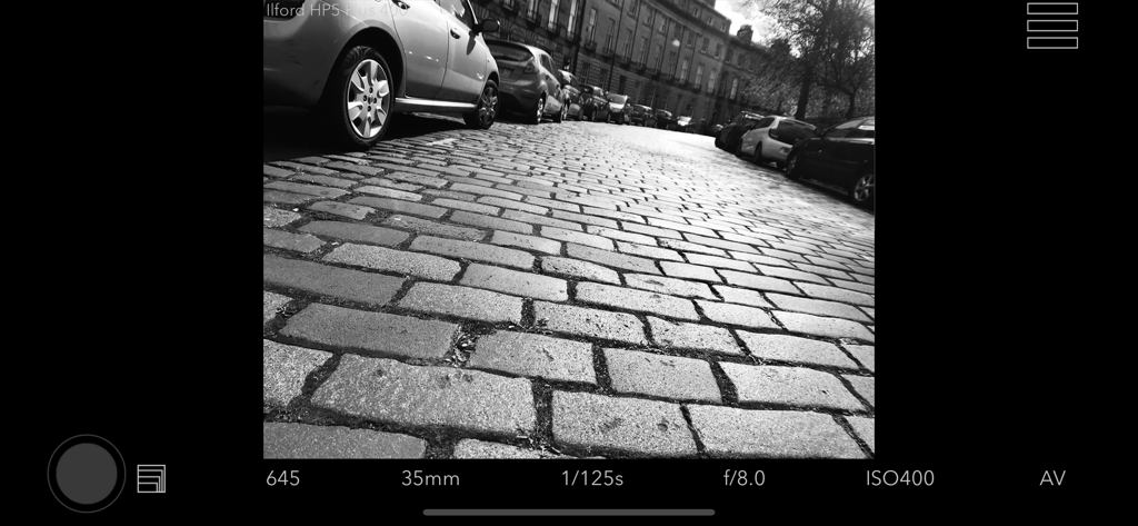 Viewfinder Preview - Viewfinder Preview app interface displaying a black and white street scene with professional camera settings and film stock emulation