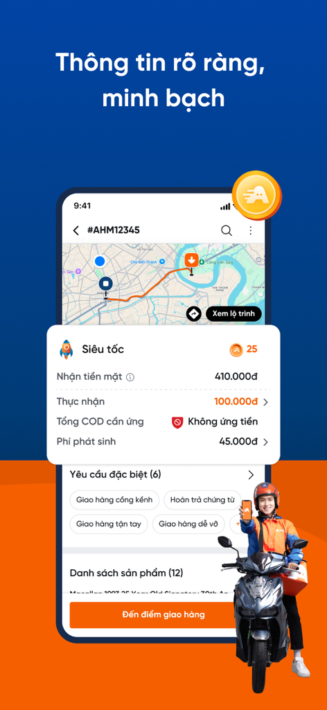 Tài xế Aha - Ahamove driver app screen displaying delivery route and transparent payment info