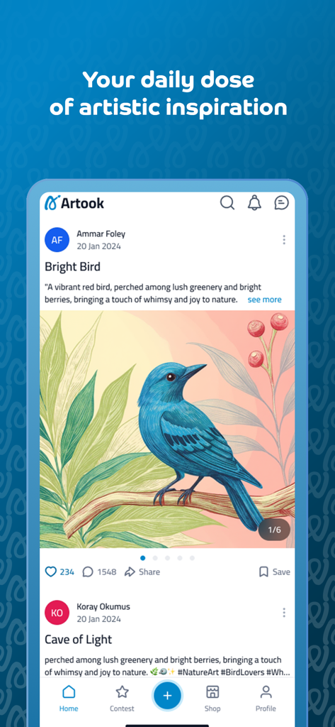 Artook - Artook mobile app home feed displaying a detailed digital illustration of a blue bird with engagement metrics