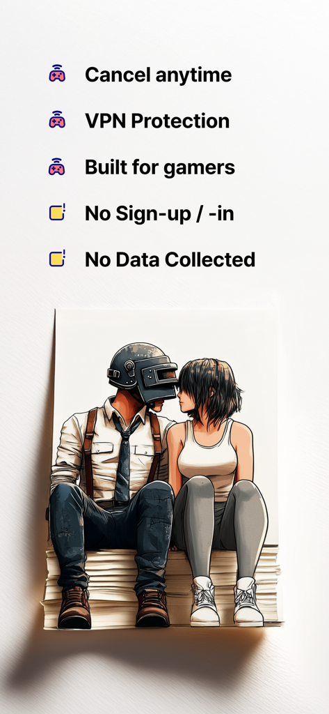 Gambit Gaming VPN features list with competitive gaming character illustration