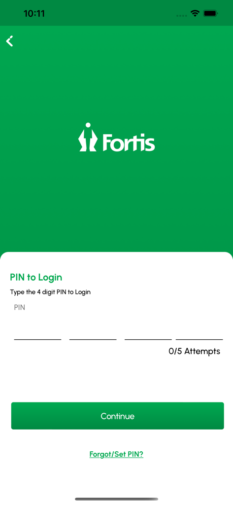 MyFortis Doc - Login page of MyFortis Doc app for doctors featuring a four digit PIN entry field and Fortis logo
