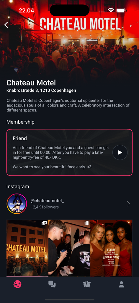 Nyx - nightlife platform - A venue profile screen in the Nyx app showing membership details and social media posts for Chateau Motel