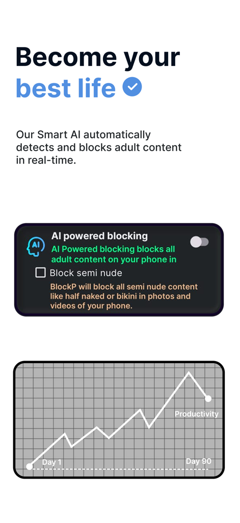 BlockP: Pornblocker app - BlockP app interface showing AI powered content blocking toggle and a 90-day productivity growth chart