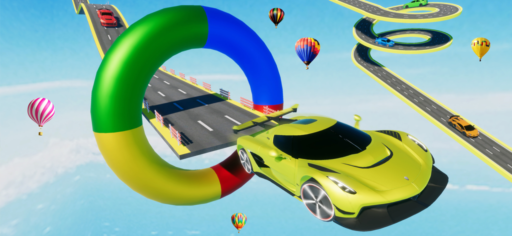 Nitro Cars Racing Games Pro - Ein neongrüner Sportwagen führt einen Sprung durch einen mehrfarbigen Ring auf einer Mega-Rampenstrecke am Himmel aus.