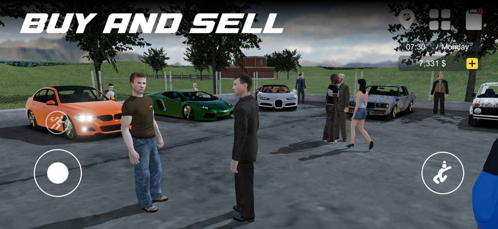 Mercato del simulatore di concessionaria d'auto in vendita con auto sportive di lusso e personaggi che commerciano