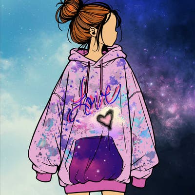 realistic girl with a oversized sweatshirt on and a bun