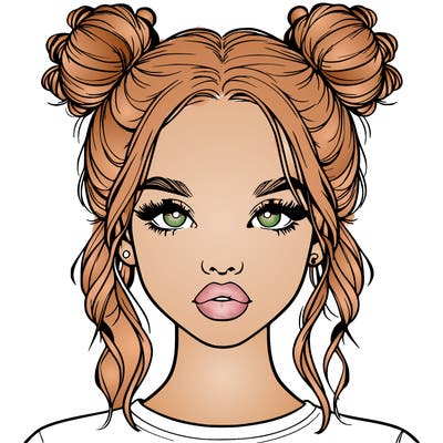 realistic girl with two buns in hair and lips