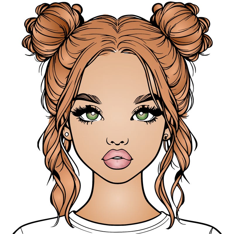 realistic girl with two buns in hair and lips