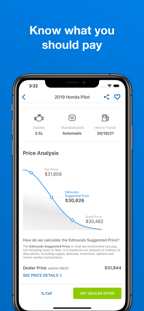 Edmunds app price analysis tool showing fair and suggested prices for a 2019 Honda Pilot