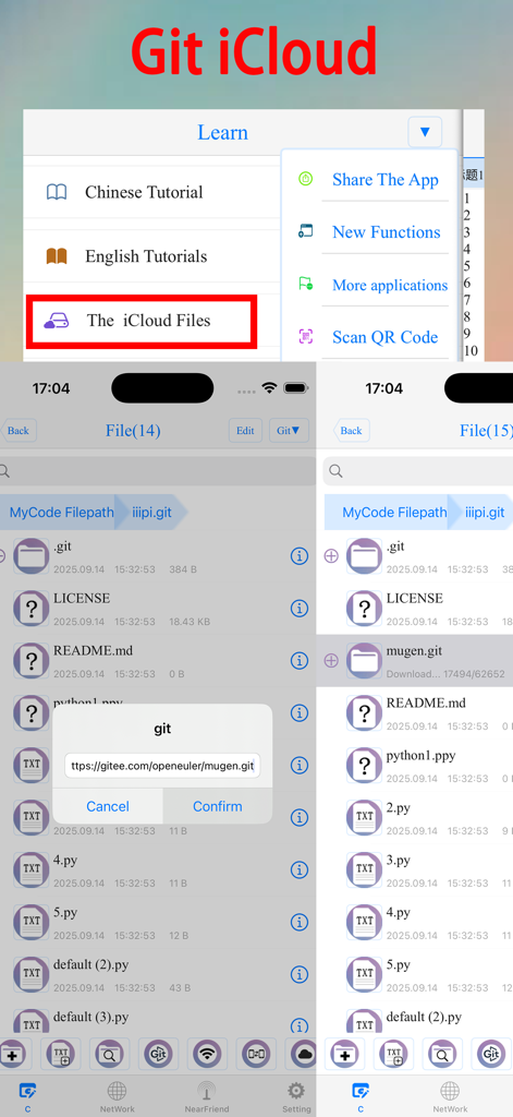 C/C++ LLVM Clang - Interface of the C/C++ LLVM Clang app demonstrating Git integration and iCloud file synchronization