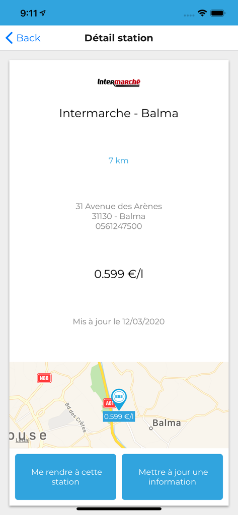 Mes Stations E85 3.0 - Detailansicht einer Tankstelle in der Mes Stations E85 App mit Kraftstoffpreis und Ortskarte