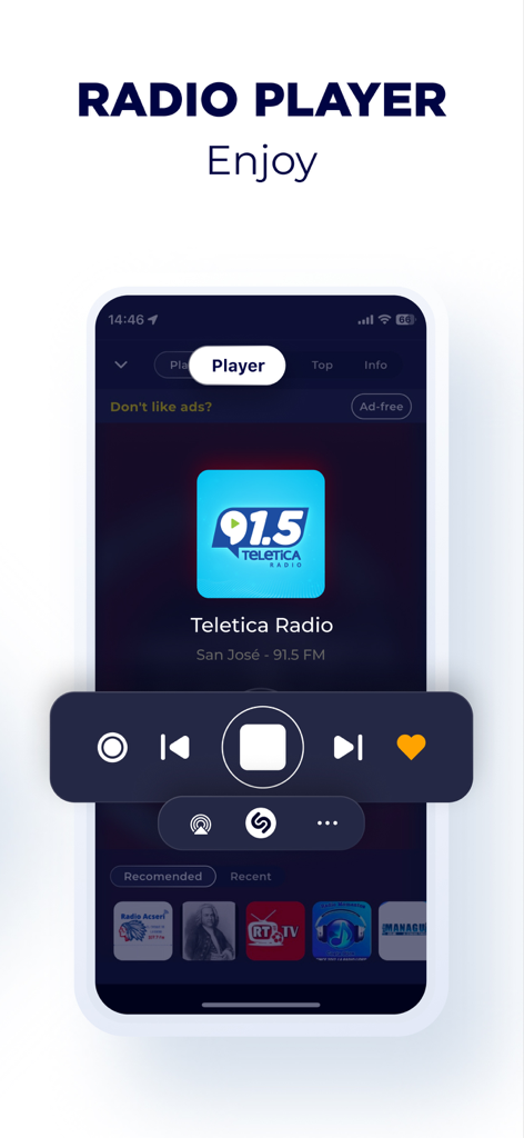 Radio Costa Rica app player interface showing Teletica Radio live broadcast with playback controls and Shazam integration