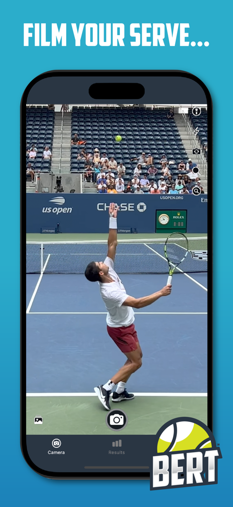 Bert - AI Tennis Coach - Bert AI Tennis Coach app screen showing a user filming a tennis serve for analysis