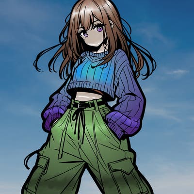 anime teen girl with baggy pants and crop top with sweater