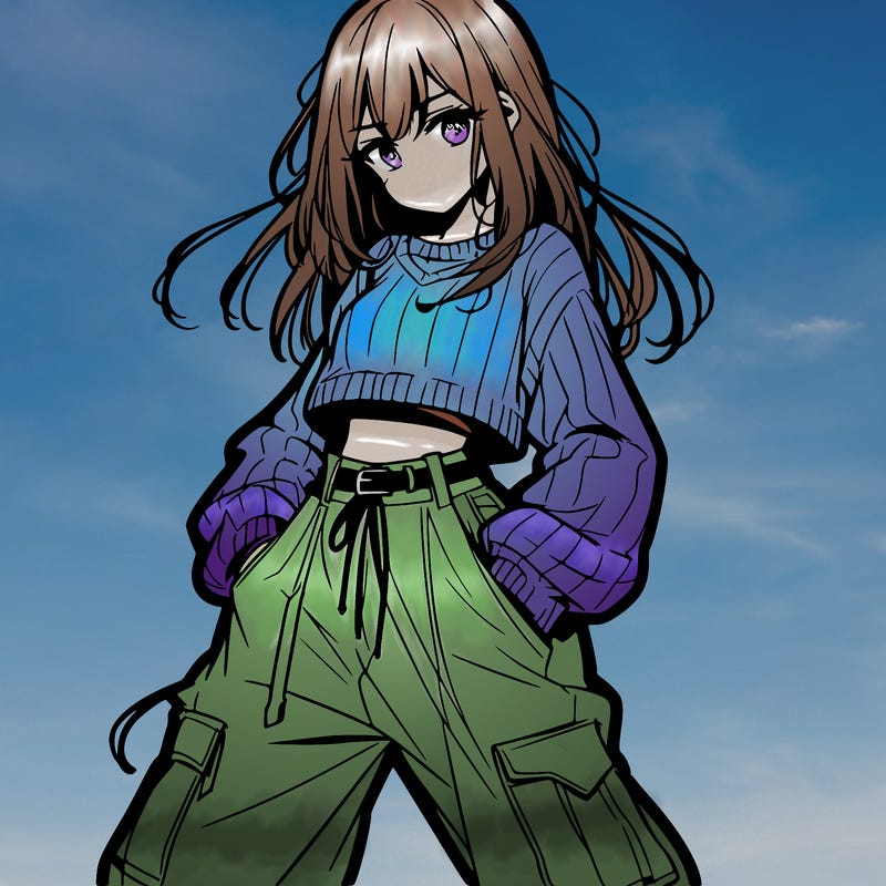 anime teen girl with baggy pants and crop top with sweater