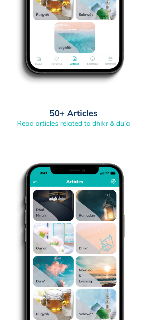 Dhikr & Dua - A mobile phone showing the Articles page of the Dhikr and Dua app with categories like Ramadan and Ruqyah.