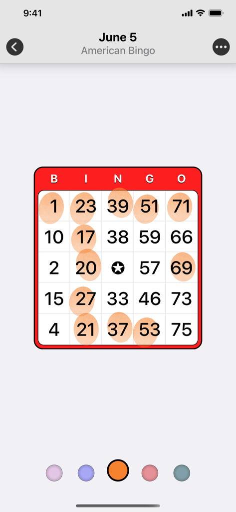 Bingo Card - Ticket Generator - A digital 75-ball American bingo card with orange ink markings on a mobile app interface