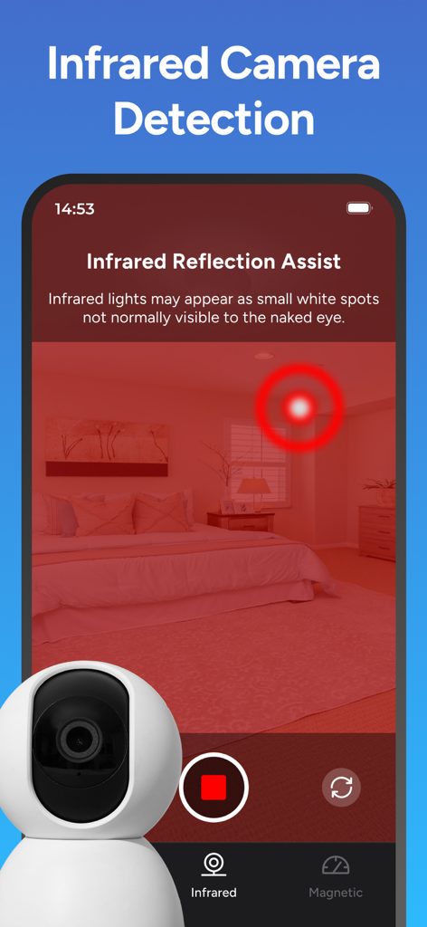 Hidden Camera Detector - Peek - Hidden camera detector app using infrared scanning to locate spy devices in a bedroom.