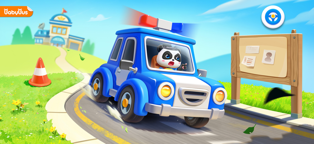 Officer Kiki the panda driving a blue and white police car on a sunny road