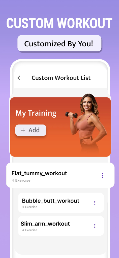 Flat Stomach Workout - 30 Days - Interfaz de la aplicación Rutina de Abdomen Plano que muestra una lista de entrenamientos personalizados con rutinas para el abdomen, glúteos y brazos.