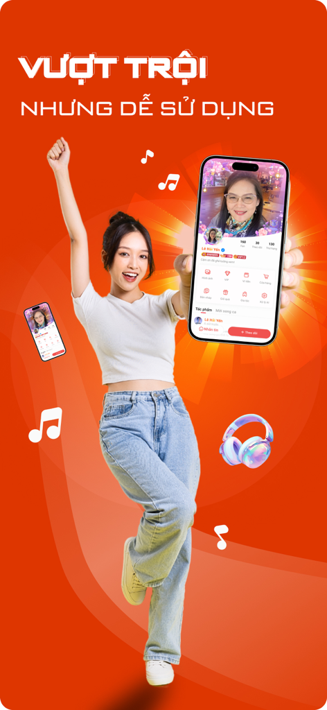 Yokara - Sing Karaoke Record - A happy woman holding a smartphone displaying the Yokara karaoke app interface