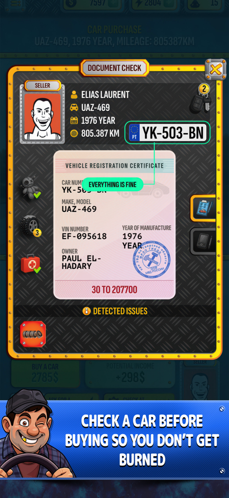 Cars Dealer Simulator - In-game document check interface for verifying vehicle registration and VIN details before buying a car