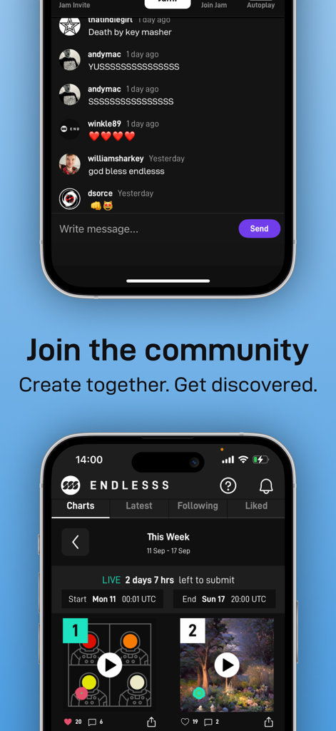 Endlesss - Multiplayer Music - Two phone screens showing the Endlesss app chat interface and music charts page.