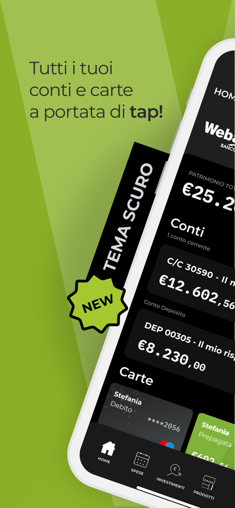 Dashboard dell'app di mobile banking Webank in modalità scura che mostra saldi dei conti e carte
