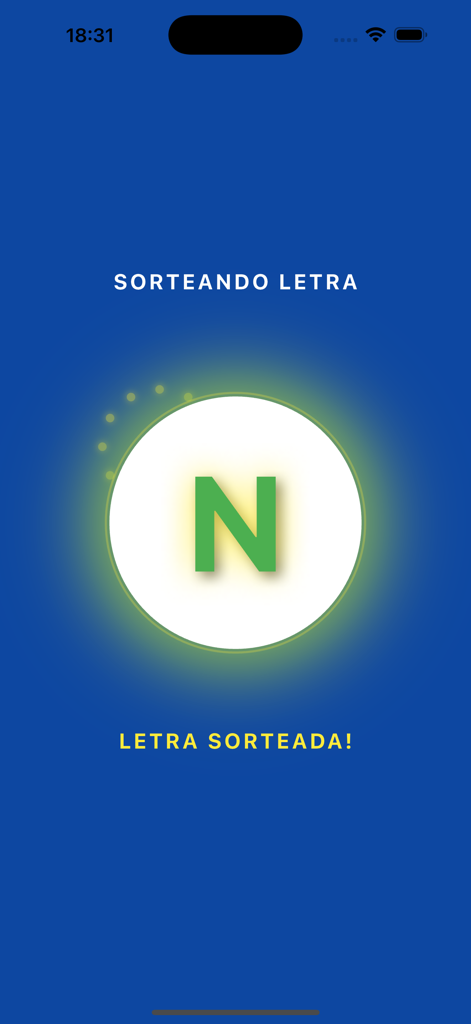 Mobile screen showing the letter N being selected for a new round of the Adedonha Online word game.