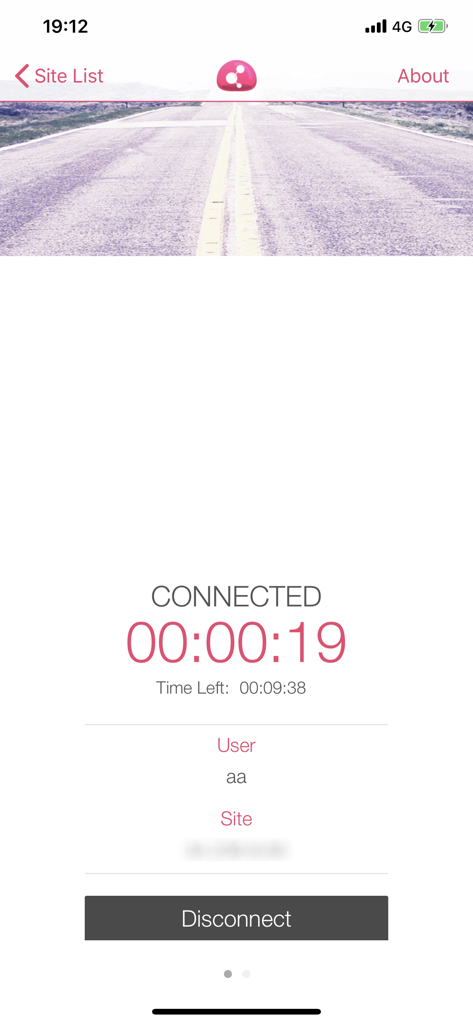 Tela de conexão VPN ativa do Check Point Capsule Connect mostrando o tempo de conexão e o botão de desconexão