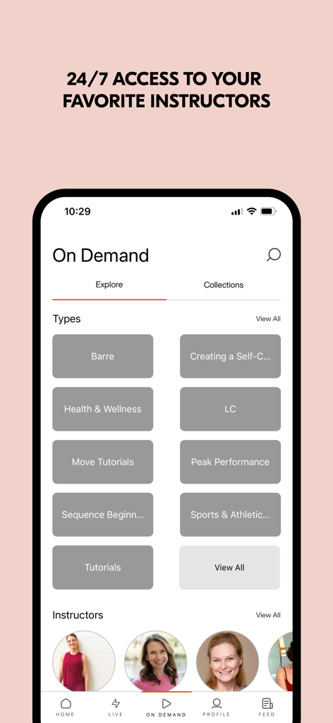 MELT On Demand - MELT On Demand mobile app interface showing fitness categories and certified instructors